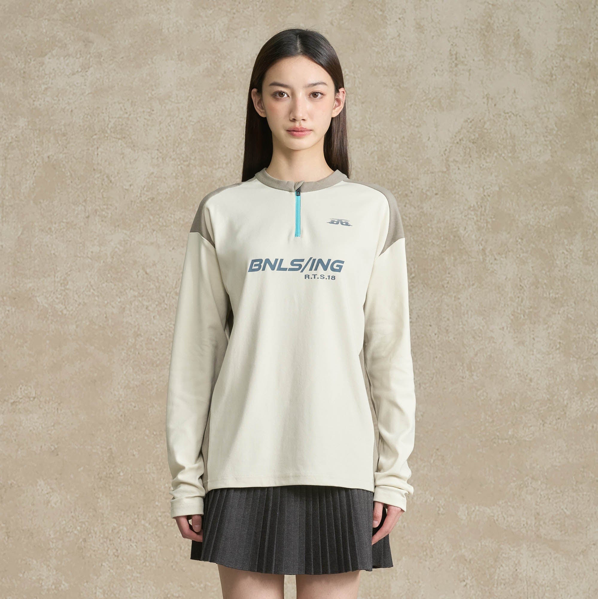 BONELESS Contrast Half-Zip Racing Long-Sleeve Tee-L/S Tee-S-Apricot-Free Shipping Leatheretro