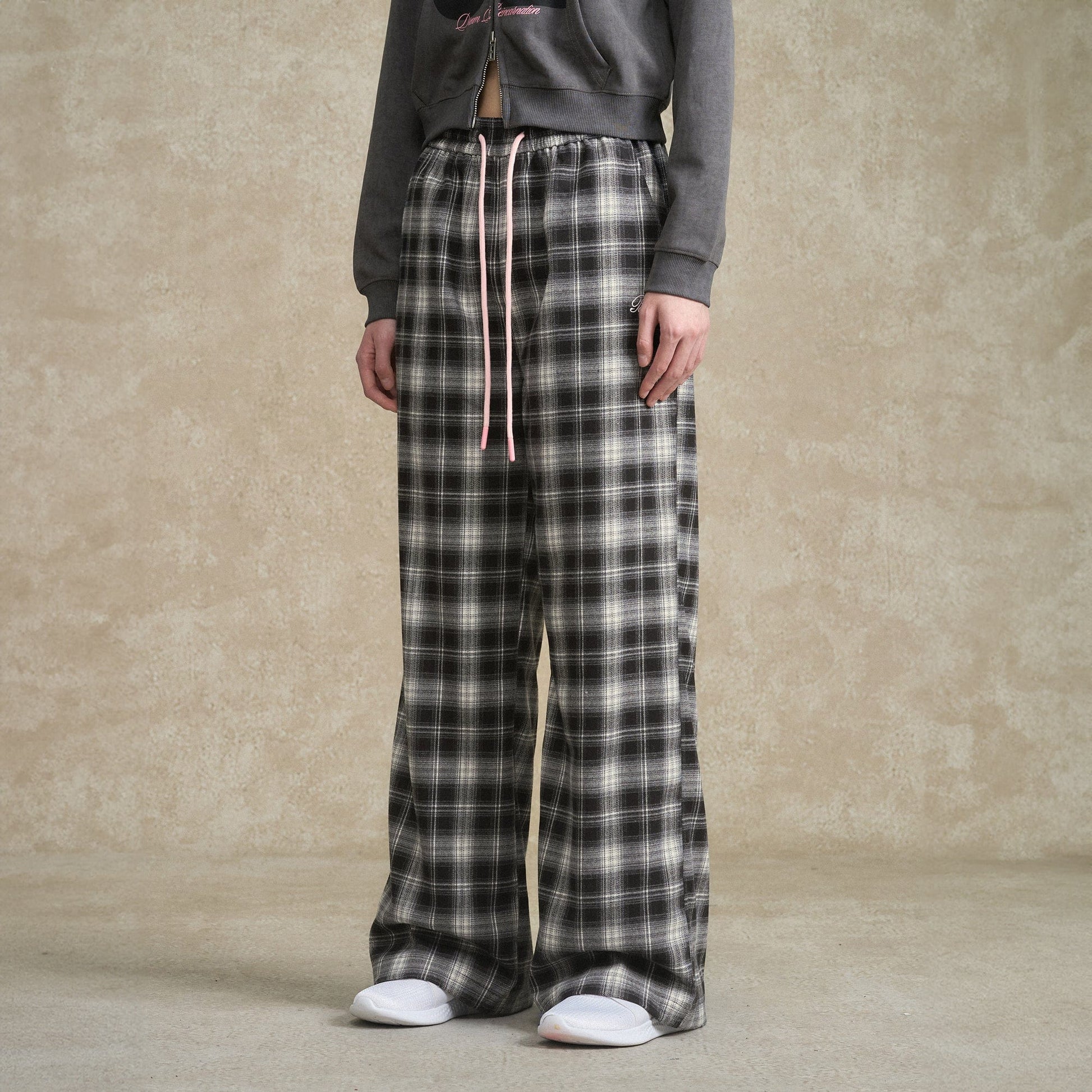 BONELESS Essential Plaid Drawstring Pants-Pants-S-Black-Free Shipping Leatheretro