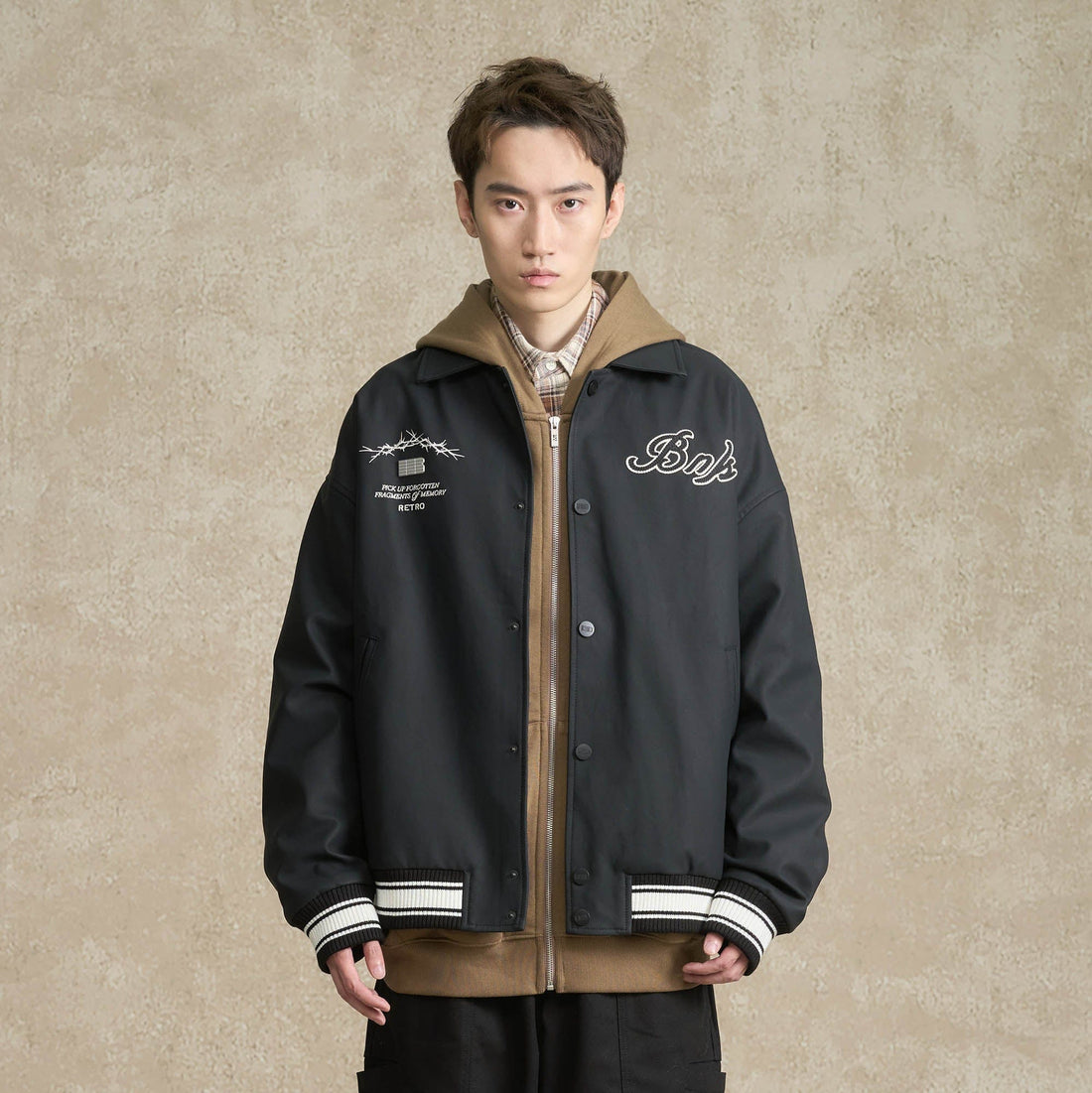 BONELESS Embroidered Logo PU Varsity Jacket-Jacket-S-Black-Free Shipping Leatheretro