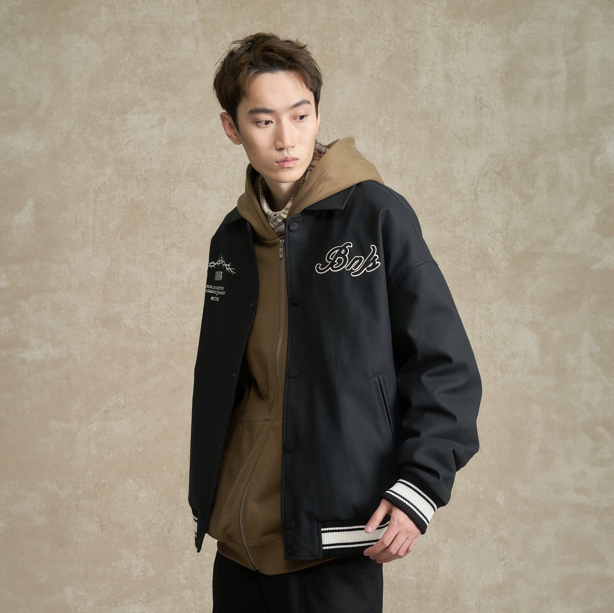 BONELESS Embroidered Logo PU Varsity Jacket-Jacket-S-Black-Free Shipping Leatheretro