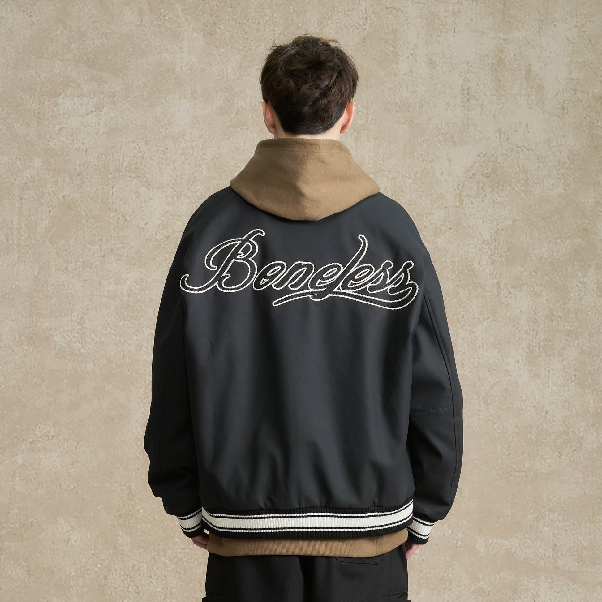 BONELESS Embroidered Logo PU Varsity Jacket-Jacket-S-Black-Free Shipping Leatheretro