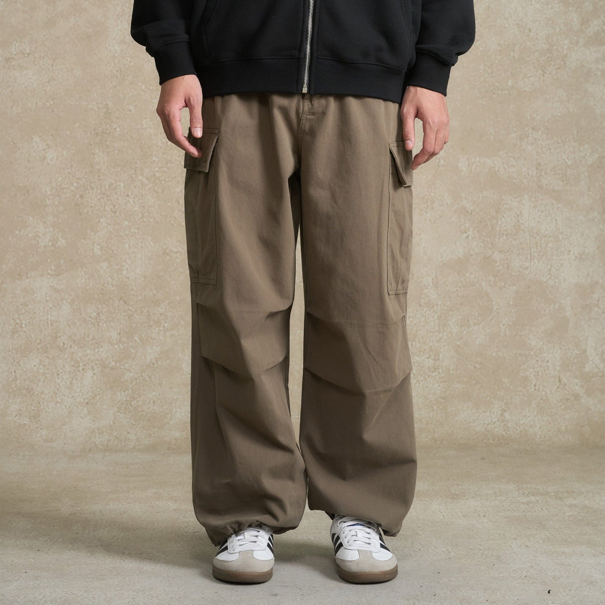 BONELESS Pleated Big Pocket Drawstring Cargo-Pants-S-Brown-Free Shipping Leatheretro