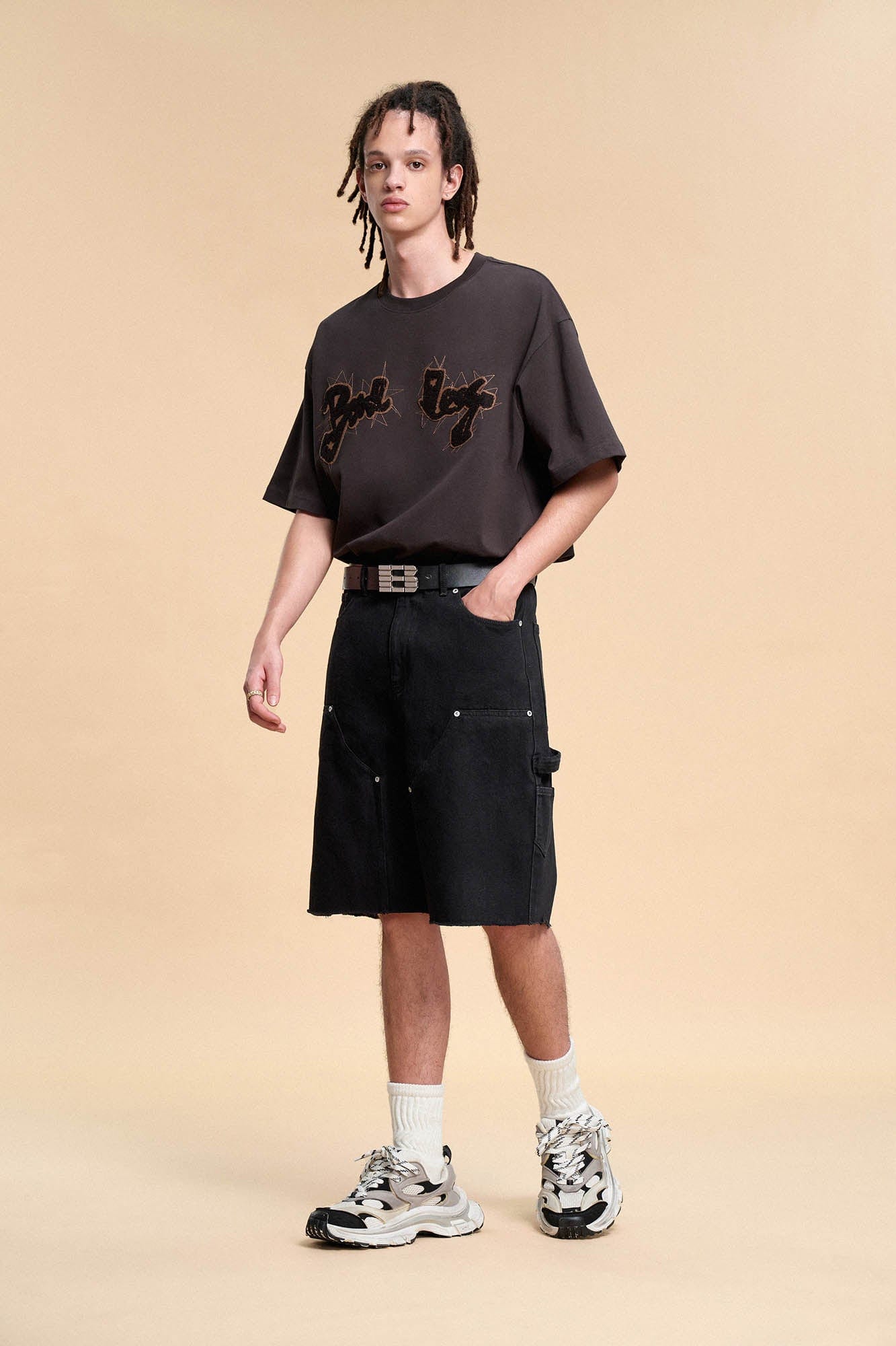 BONELESS Frayed Double-Knee Cargo Shorts Black-Shorts-S-Free Shipping Leatheretro