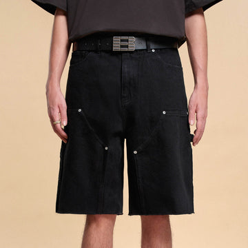 BONELESS Frayed Double-Knee Cargo Shorts Black-Shorts-S-Free Shipping Leatheretro