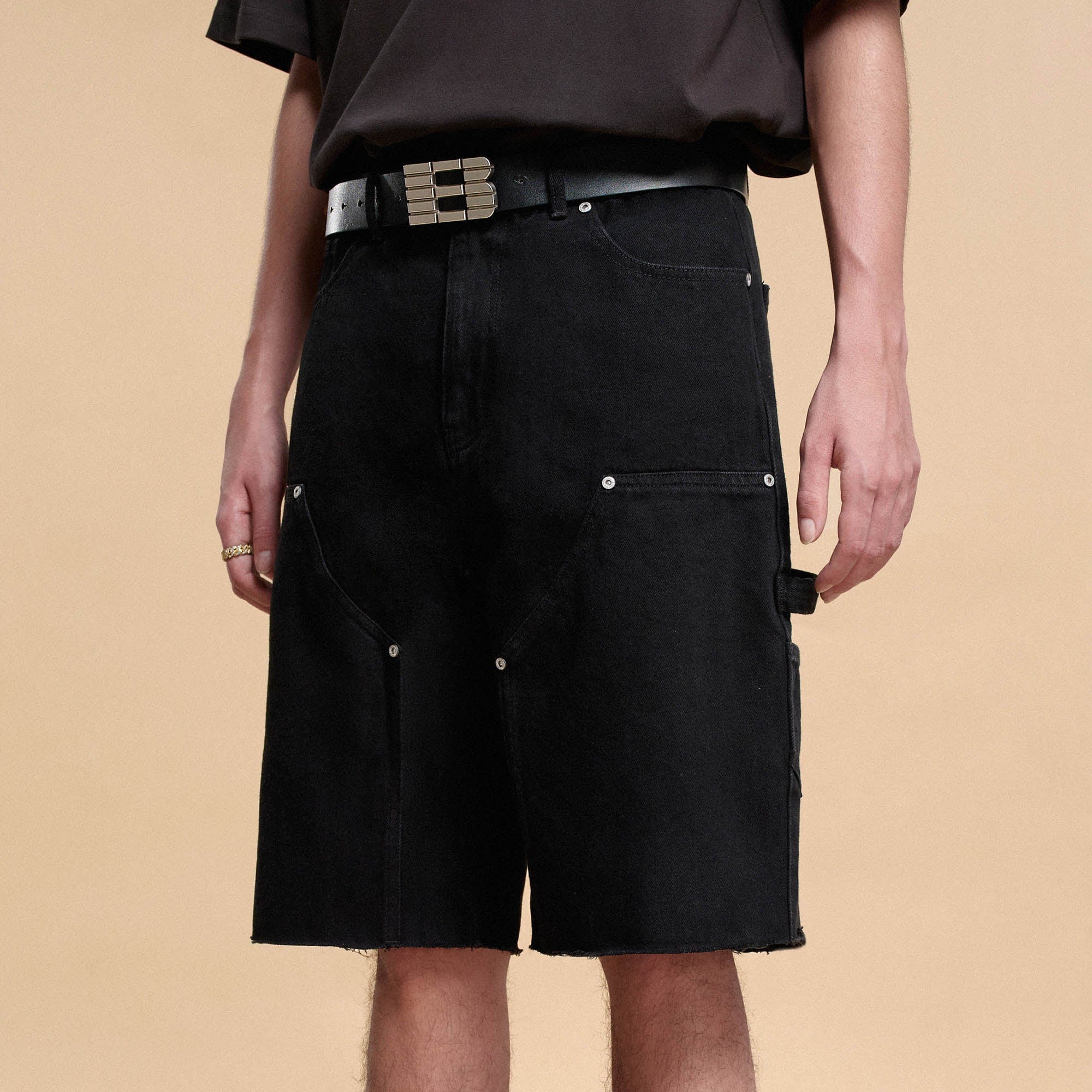 BONELESS Frayed Double-Knee Cargo Shorts Black-Shorts-S-Free Shipping Leatheretro