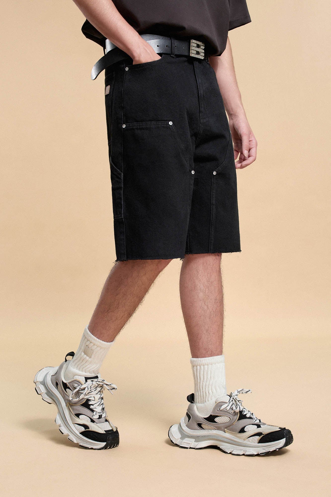 BONELESS Frayed Double-Knee Cargo Shorts Black-Shorts-S-Free Shipping Leatheretro