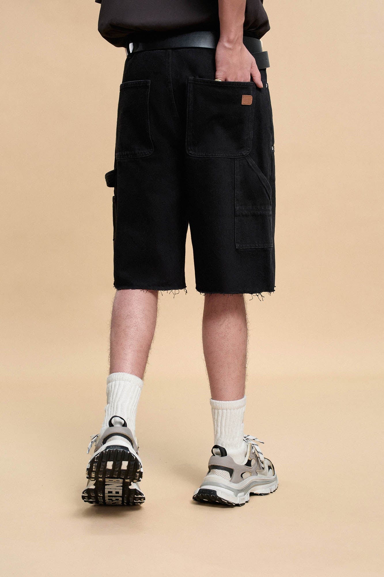 BONELESS Frayed Double-Knee Cargo Shorts Black-Shorts-S-Free Shipping Leatheretro