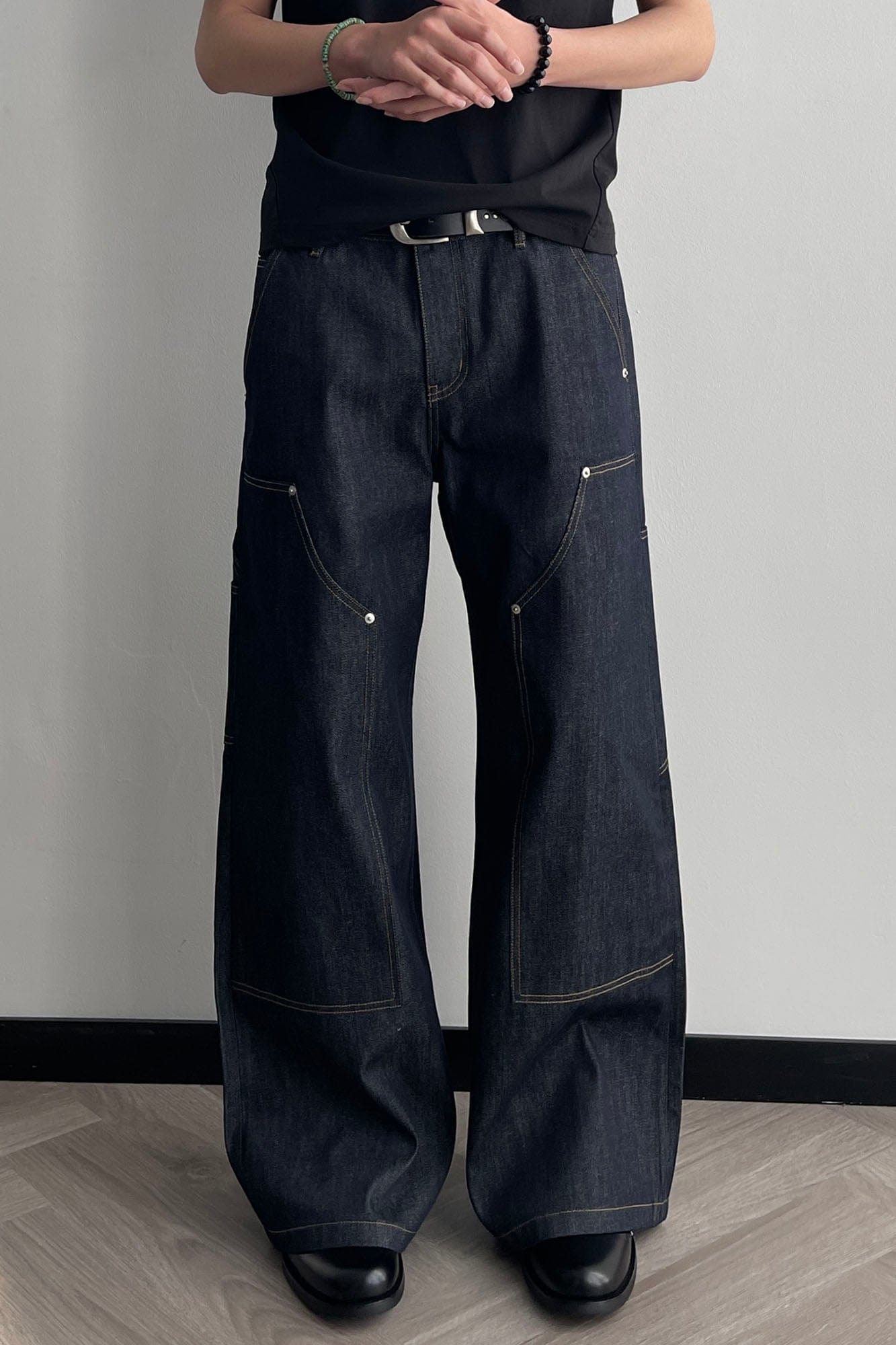 OKAYTHXBYE Paneled Double-Knee Wide-Leg Denim Pants-Jeans-S-Dark Blue-Free Shipping Leatheretro