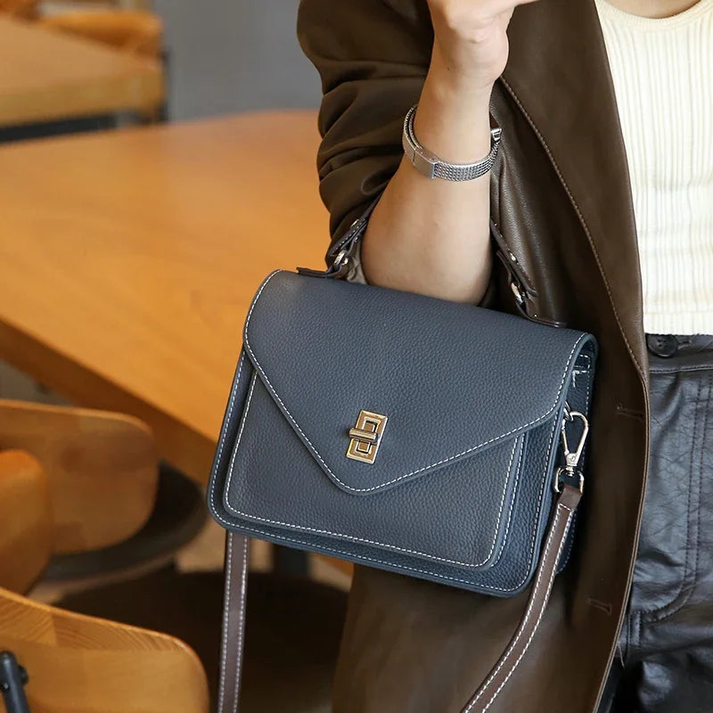 Cowhide Casual Crossbody Bag - Women Genuine Leather Handbag-Handbags-Blue-Free Shipping Leatheretro