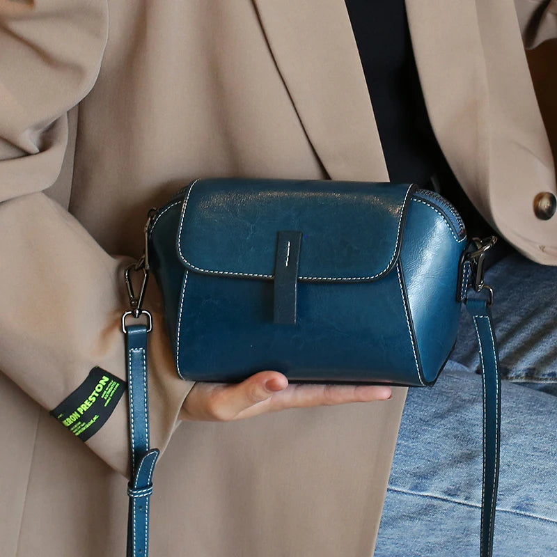 Oil Wax Cowhide Leather Crossbody Bag - Fashionable Versatile Shoulder Shell Handbag-Crossbody Bag-Blue-Free Shipping Leatheretro