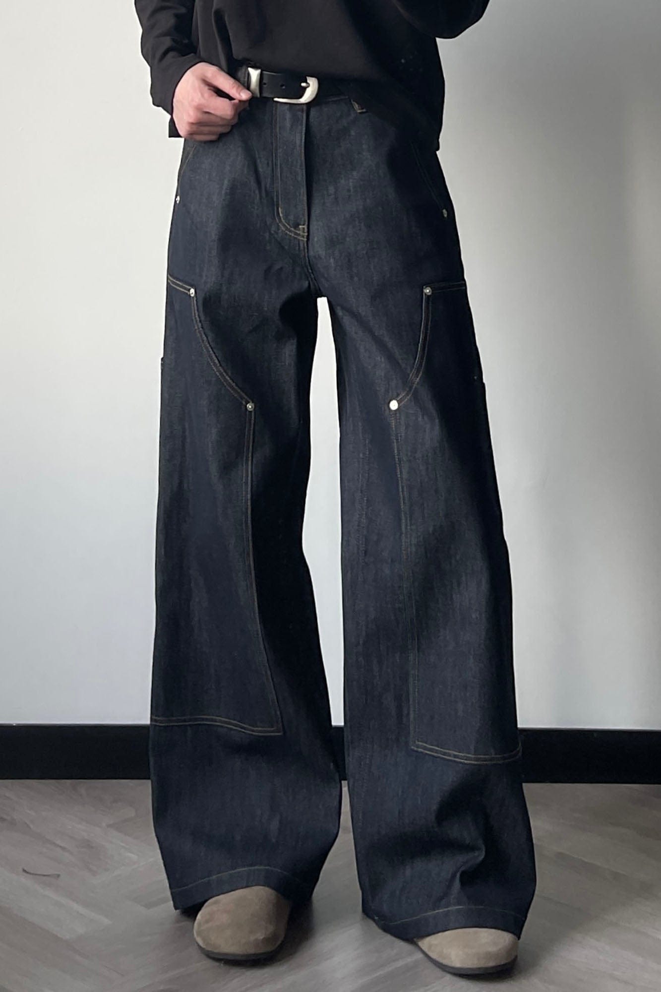 OKAYTHXBYE Paneled Double-Knee Wide-Leg Denim Pants-Jeans-S-Dark Blue-Free Shipping Leatheretro