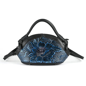 Women's Vintage Genuine Leather Handbag - Embossed Handmade Shoulder Bag-Blue-Free Shipping Leatheretro
