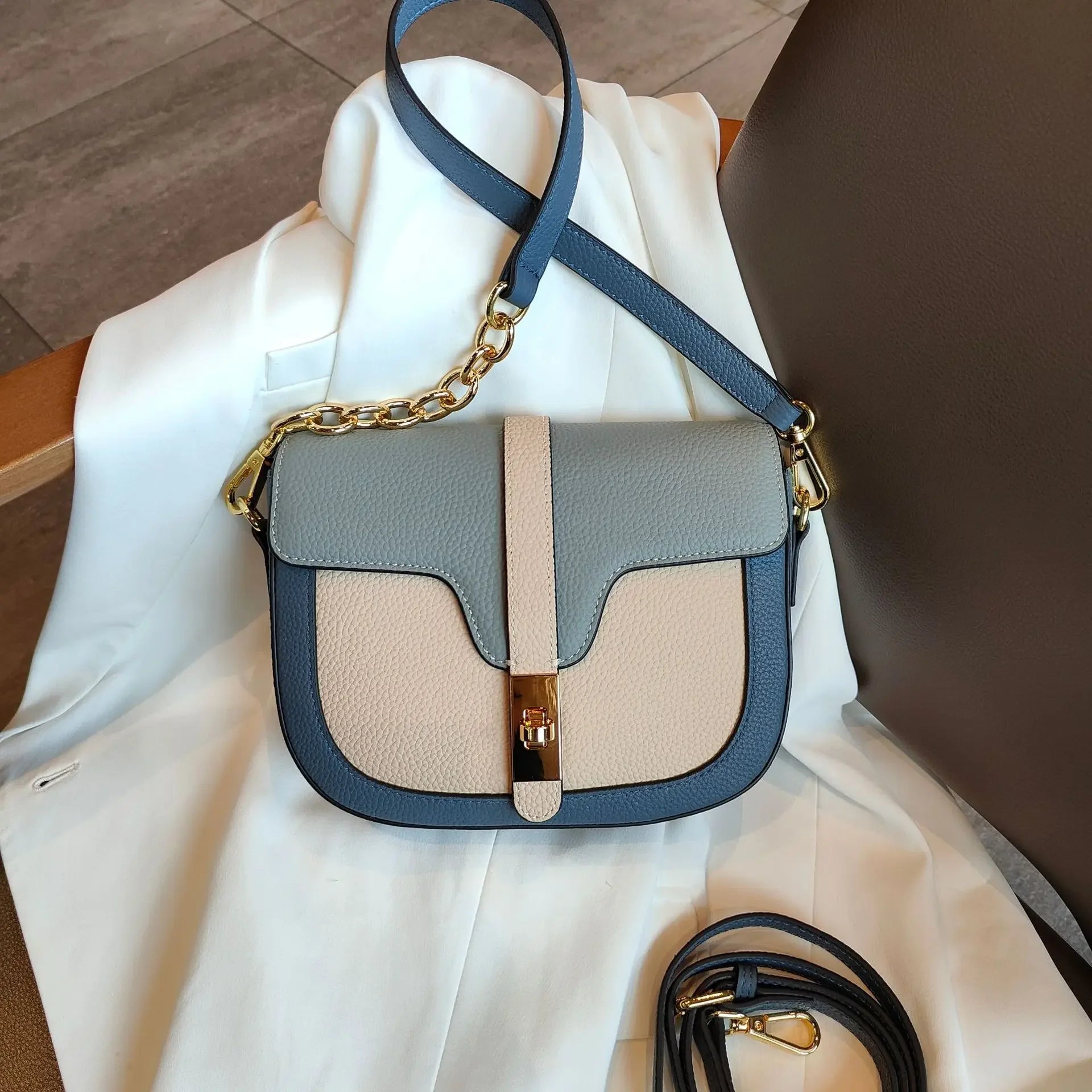 Women Luxury First Layer Saddle Bag - Compact Shoulder Crossbody Bags-Crossbody Bag-Blue Beige-Free Shipping Leatheretro