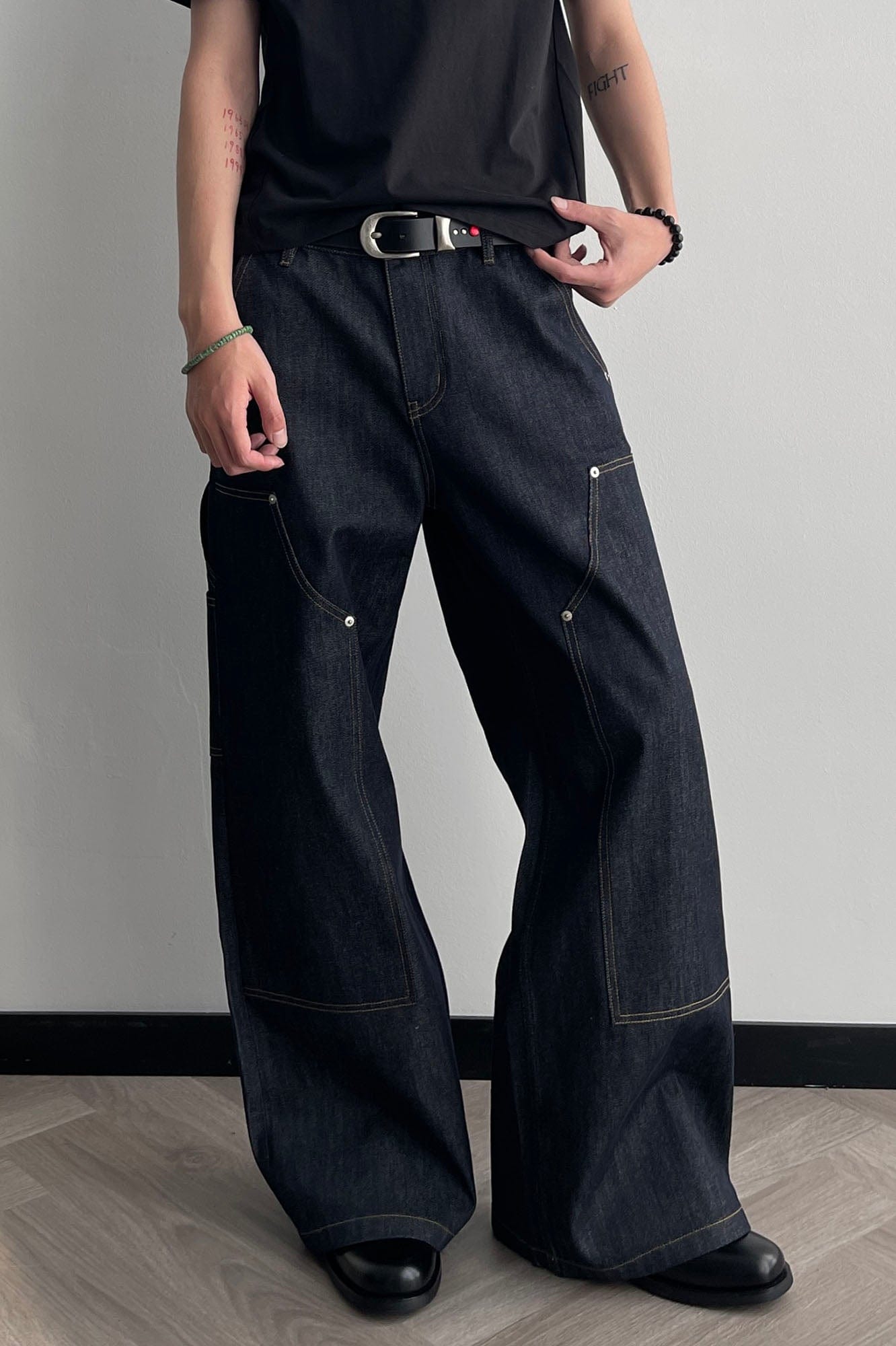 OKAYTHXBYE Paneled Double-Knee Wide-Leg Denim Pants-Jeans-S-Dark Blue-Free Shipping Leatheretro
