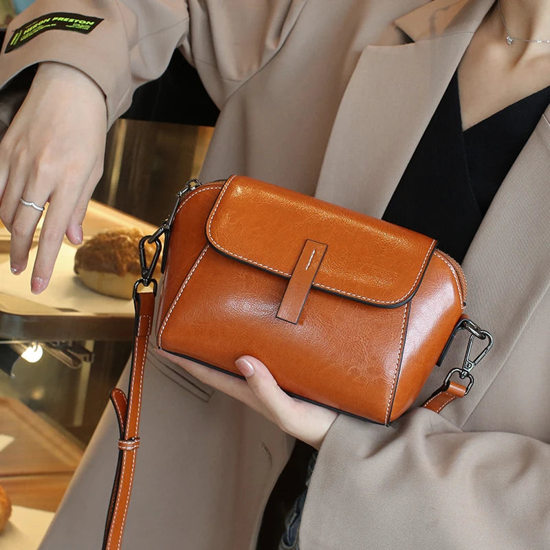 Oil Wax Cowhide Leather Crossbody Bag - Fashionable Versatile Shoulder Shell Handbag-Crossbody Bag-Brown-Free Shipping Leatheretro