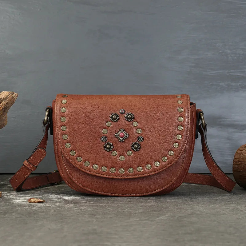 Genuine Leather Women's Saddle Bag - Retro Handmade Rivet Crossbody Bags-Handbags-Brown-Free Shipping Leatheretro