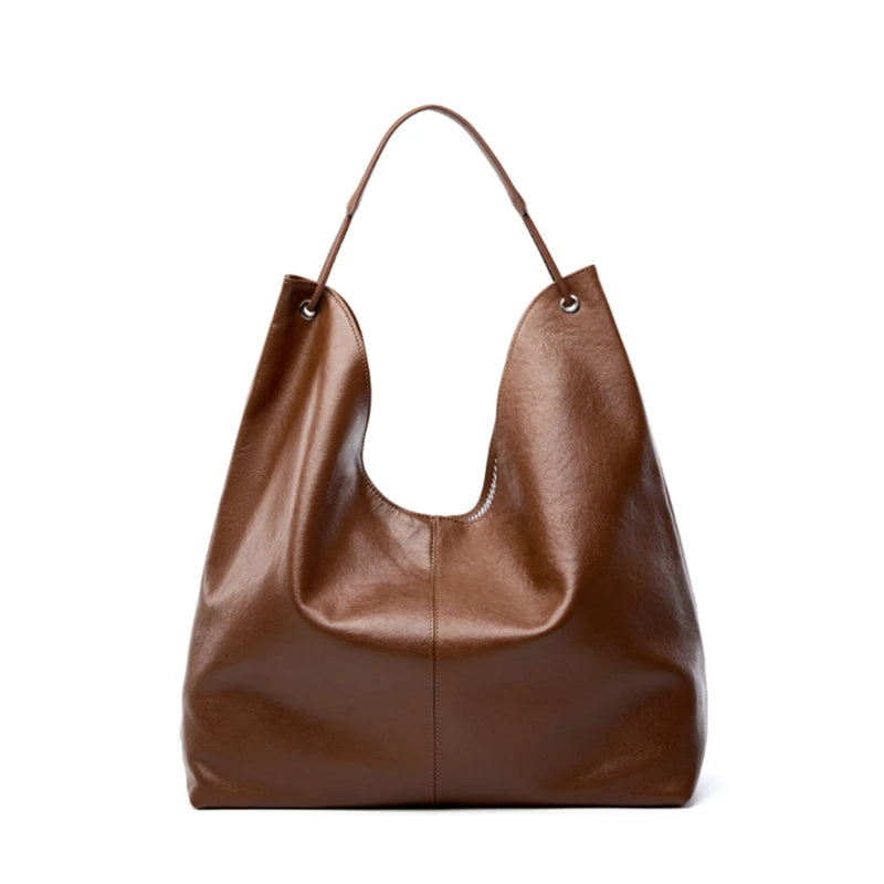 Cowhide Genuine Leather Large Hobo Shoulder Bag for Women-Handbags-Brown-Free Shipping Leatheretro