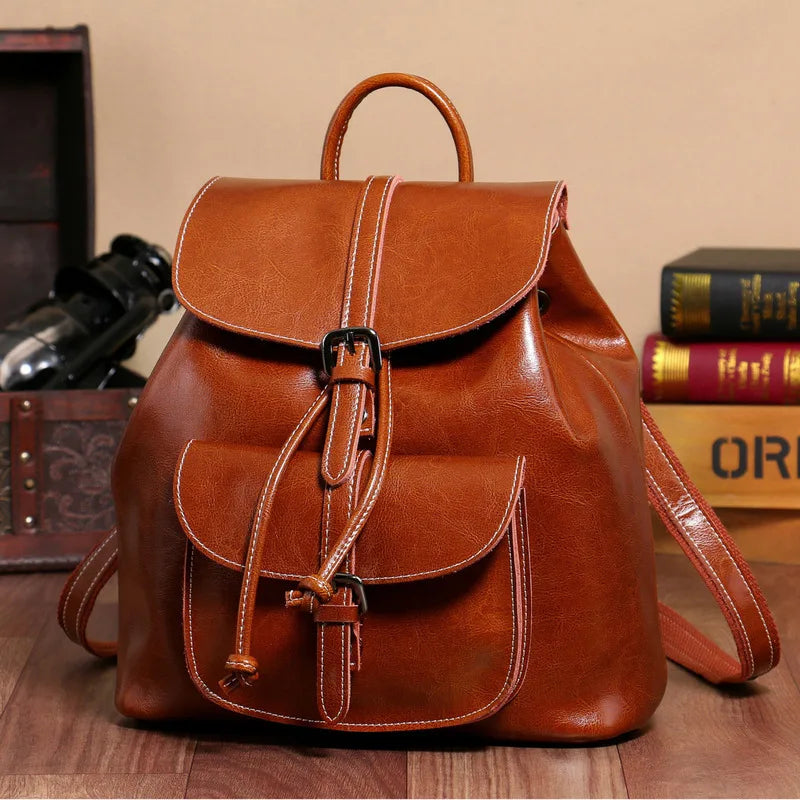 Genuine Waxed Leather Drawstring Backpack for Women-Backpacks-Brown-Free Shipping Leatheretro