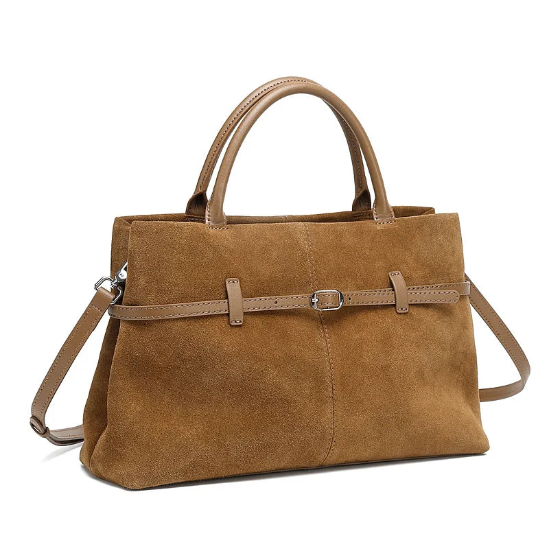 Suede Cowhide Genuine Leather Tote Handbags - Women Luxury Crossbody Bag-Handbags-Brown-Free Shipping Leatheretro