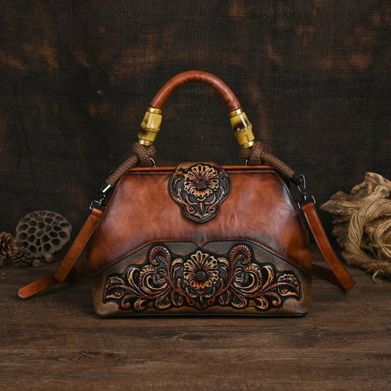 Women Leather Handmade Luxury Shoulder Handbag - Vintage Carved Ladies Bag-Brown-Free Shipping Leatheretro
