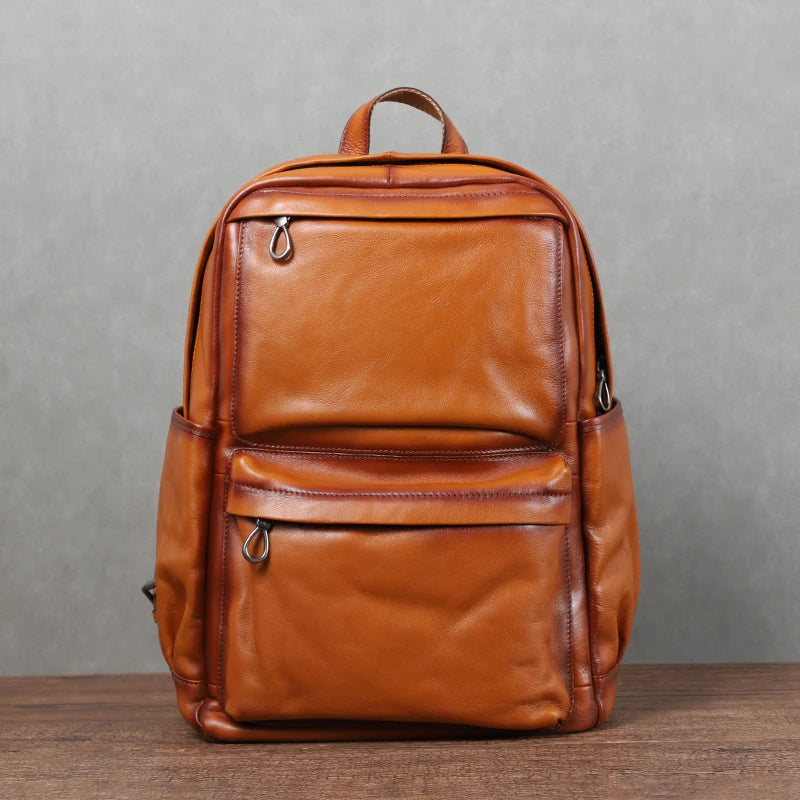Genuine Leather Men Vintage Laptop Bag - Large Capacity Travel Backpack-Backpacks-Brown-Free Shipping Leatheretro