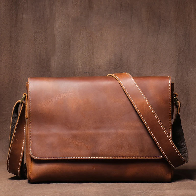 Crazy Horse Leather Messenger Bag - Men's Vintage Flap Crossbody Bags-Messenger Bag-Brown-Free Shipping Leatheretro