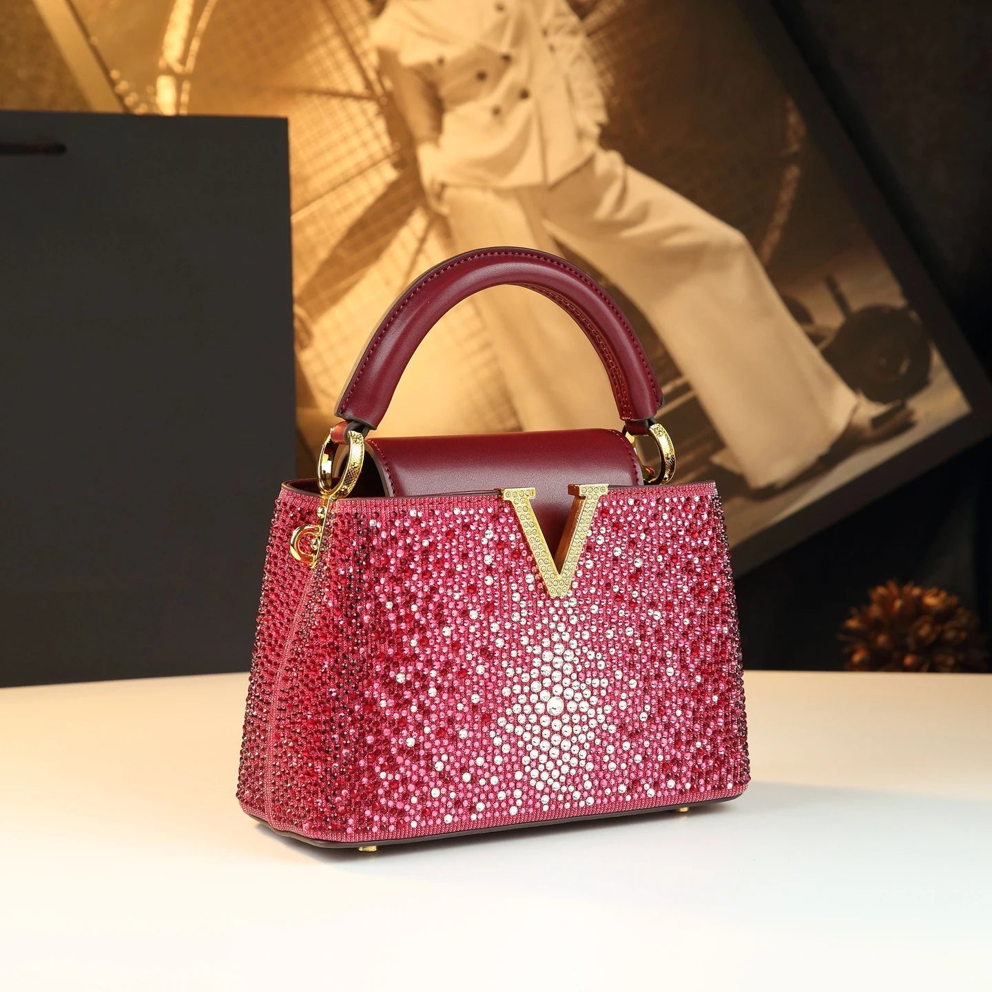 Genuine Leather V Letter Small Crossbody Bag - Diamonds Luxury Messenger Shell Bags-Crossbody Bag-Burgundy-Free Shipping Leatheretro