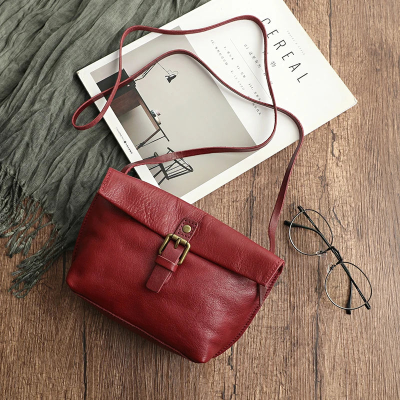 Genuine Leather Crossbody Bag Retro Small Messenger Purse-Handbags-Burgundy-Free Shipping Leatheretro