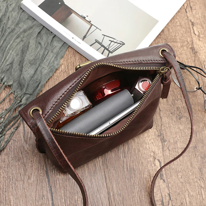 Genuine Leather Crossbody Bag Retro Small Messenger Purse-Handbags-Coffee-Free Shipping Leatheretro