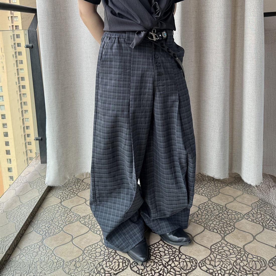 ESAIAS Retro Plaid Pleated Wide-Leg Pants-Pants-S-Free Shipping Leatheretro