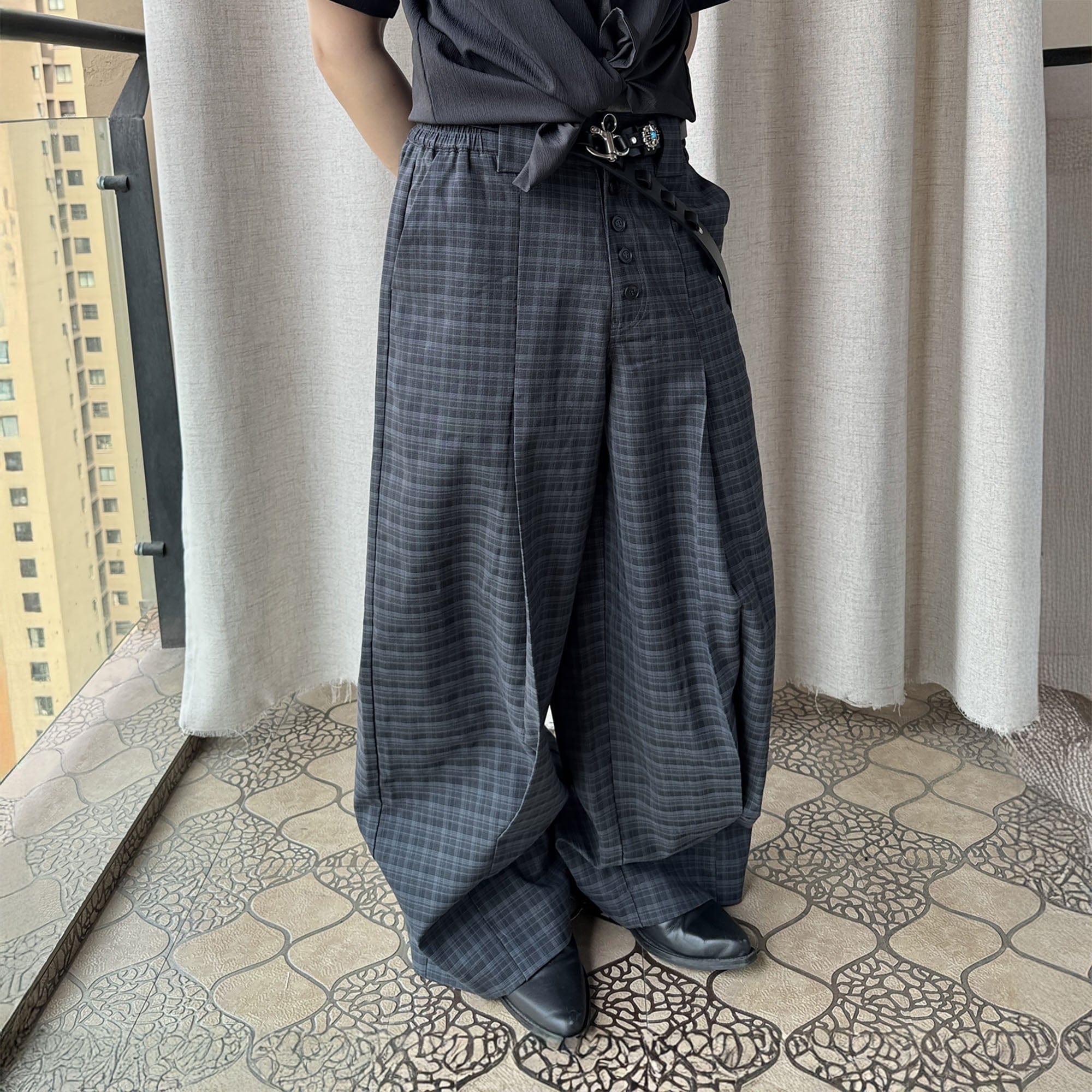 ESAIAS Retro Plaid Pleated Wide-Leg Pants-Pants-S-Free Shipping Leatheretro