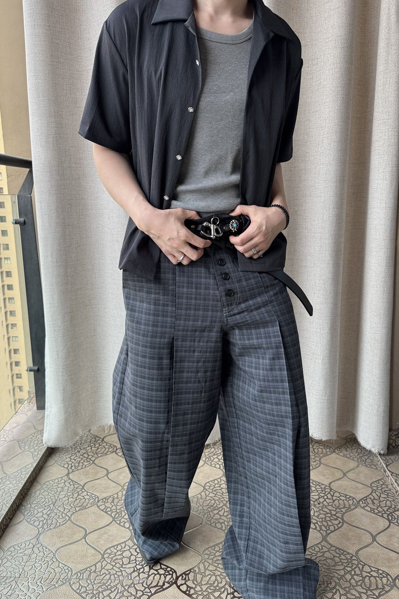 ESAIAS Retro Plaid Pleated Wide-Leg Pants-Pants-S-Free Shipping Leatheretro