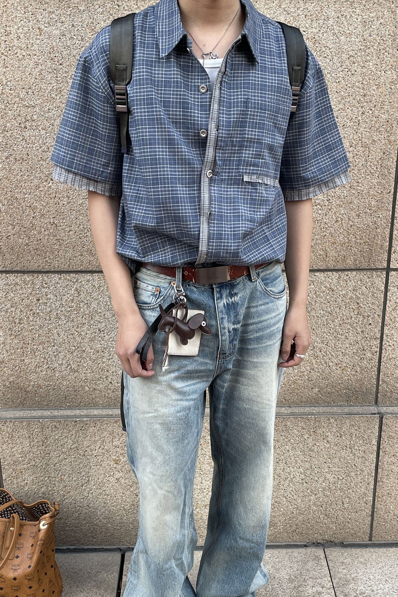 ESAIAS Plaid Layered Raw-Edge Half Shirt Blue-Half shirt-S-Free Shipping Leatheretro