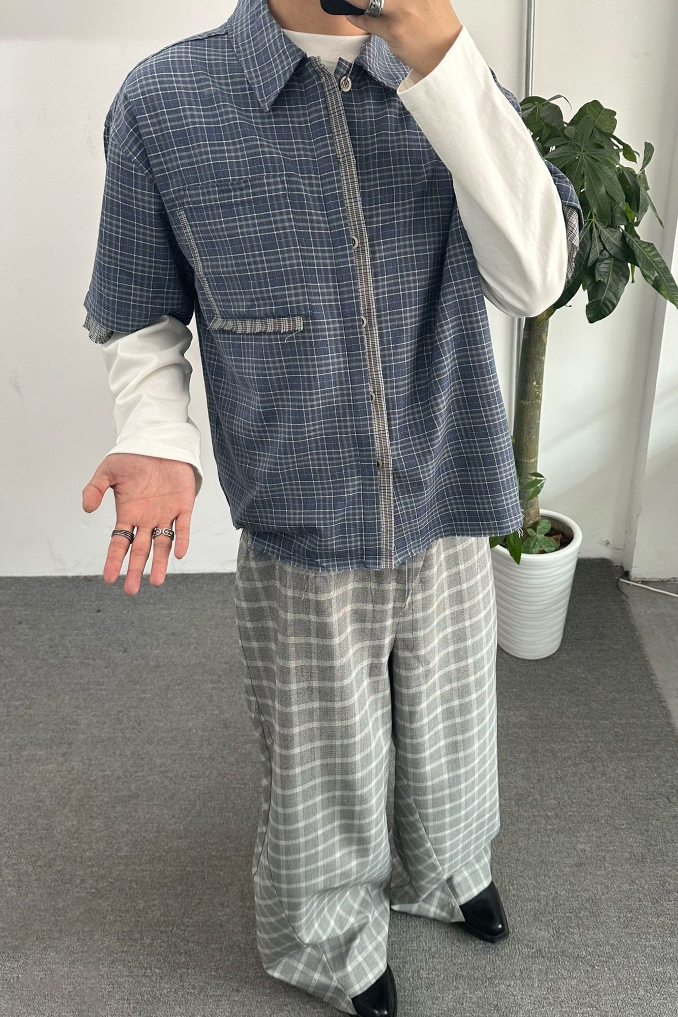 ESAIAS Plaid Layered Raw-Edge Half Shirt Blue-Half shirt-S-Free Shipping Leatheretro