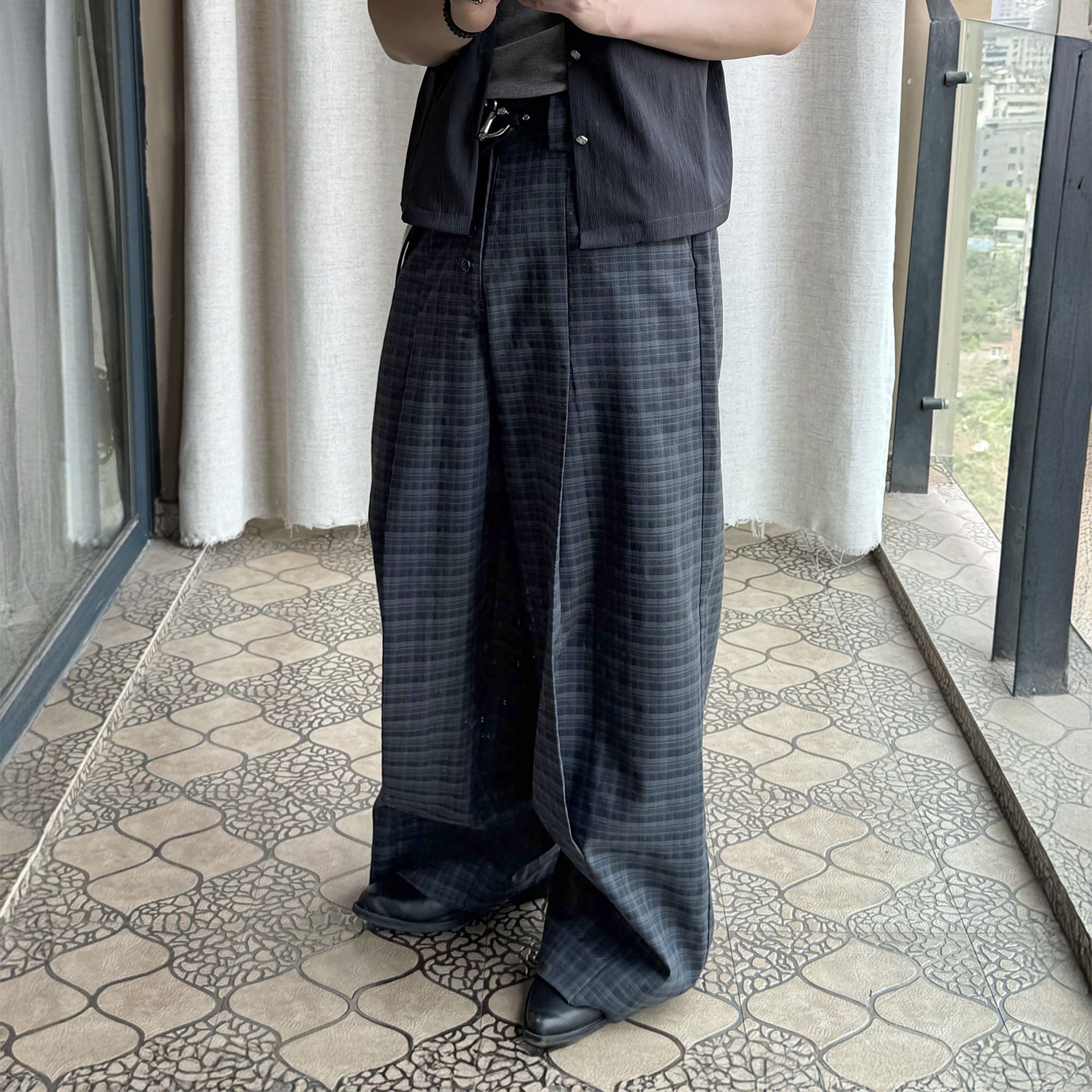 ESAIAS Retro Plaid Pleated Wide-Leg Pants-Pants-S-Free Shipping Leatheretro