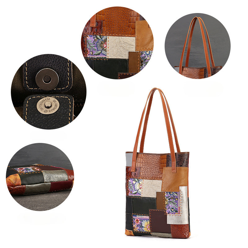 Handmade Vintage Patchwork Cowhide Leather Tote Bag-Leather Tote Bags-As Photo-Free Shipping Leatheretro