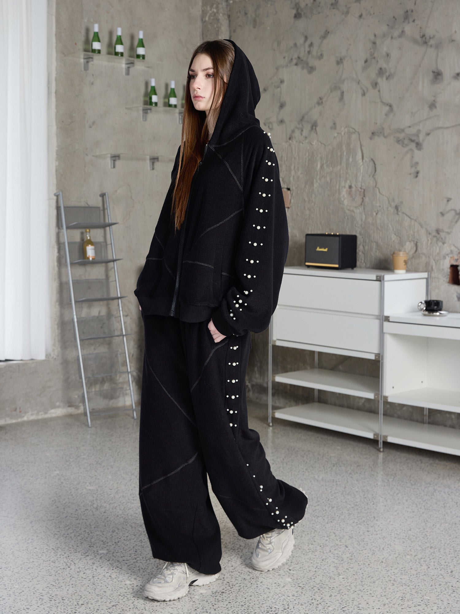 ERROR CODE ROBOT Pearl-Studded Diamond-Seam Pants-Pants-S-Free Shipping Leatheretro