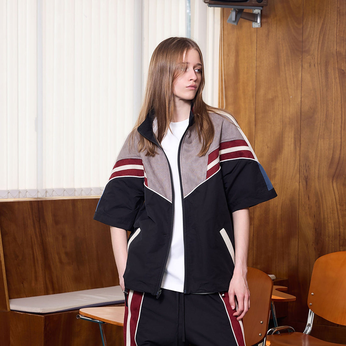 ERROR CODE ROBOT Diagonal Stripe Suede Track Half Jacket-Jacket-S-Free Shipping Leatheretro