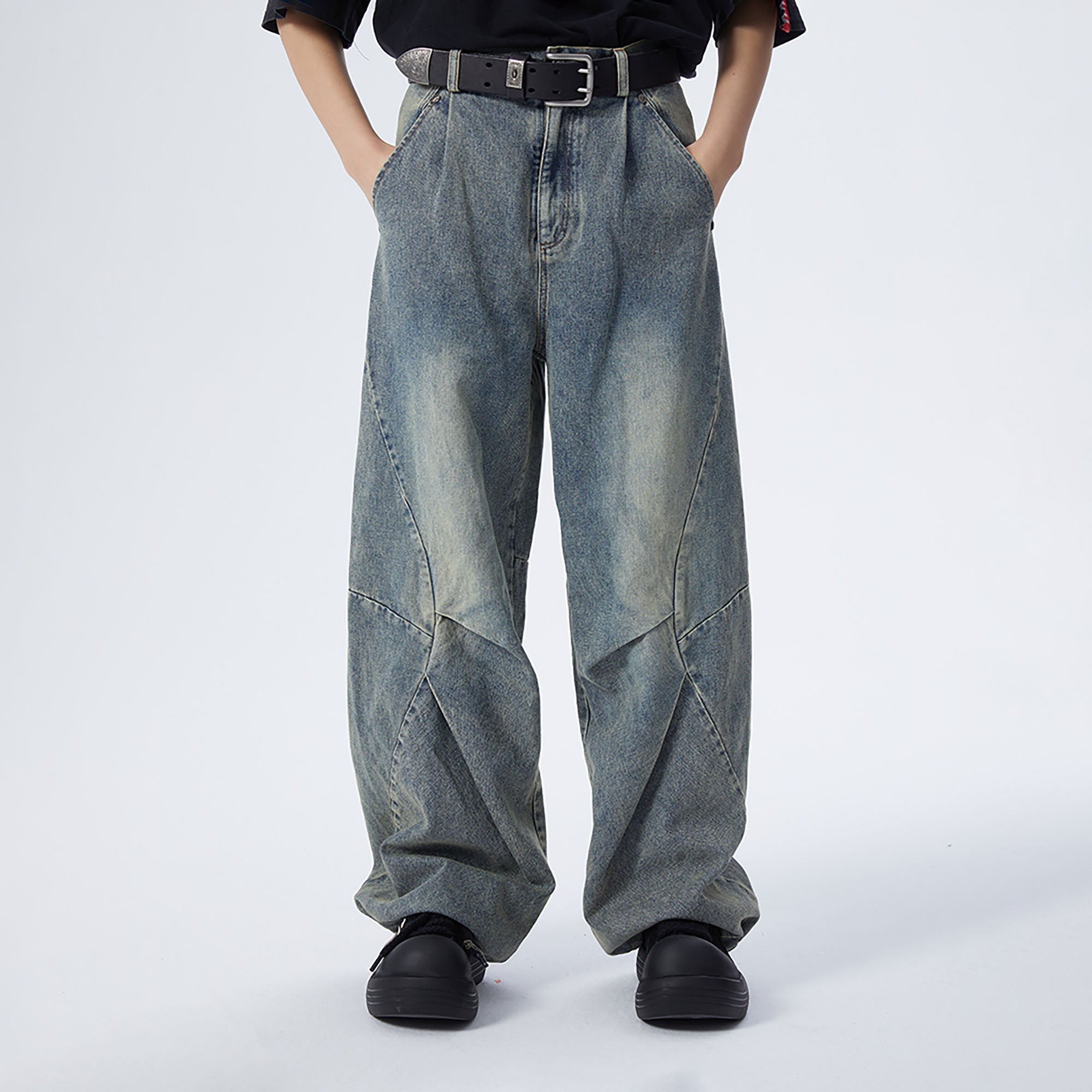 ERROR CODE ROBOT Washed Curved Pleated- Knee Jeans-Jeans-S-Free Shipping Leatheretro