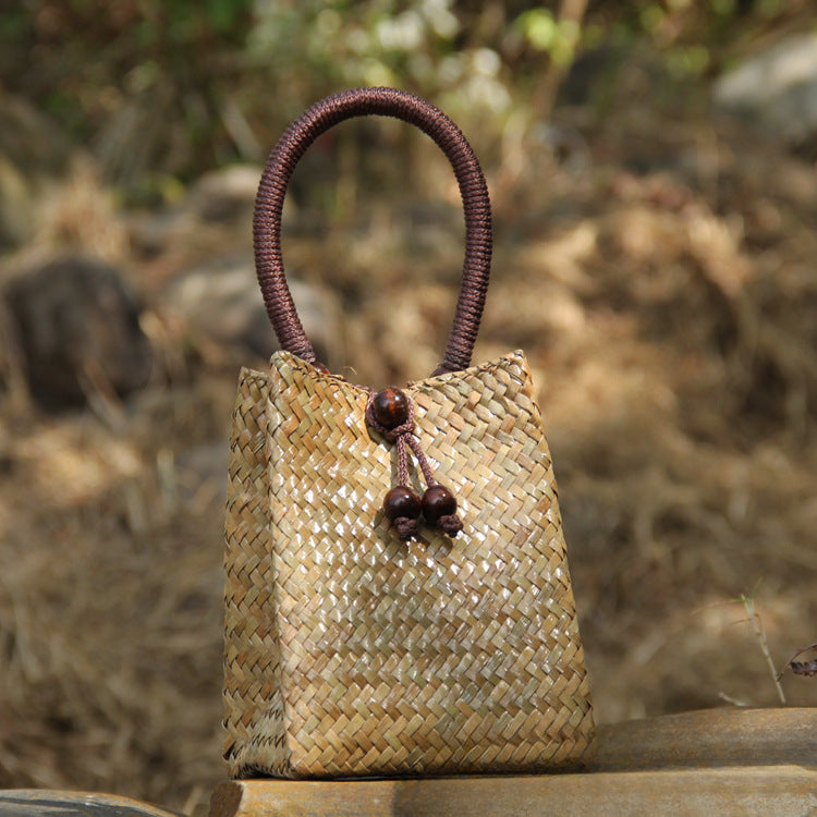 Handwoven Straw Tote Bag Mini Beach Bag for Vacation, Summer, and Resort Wear-Handbags-C011 coffee red-Free Shipping Leatheretro