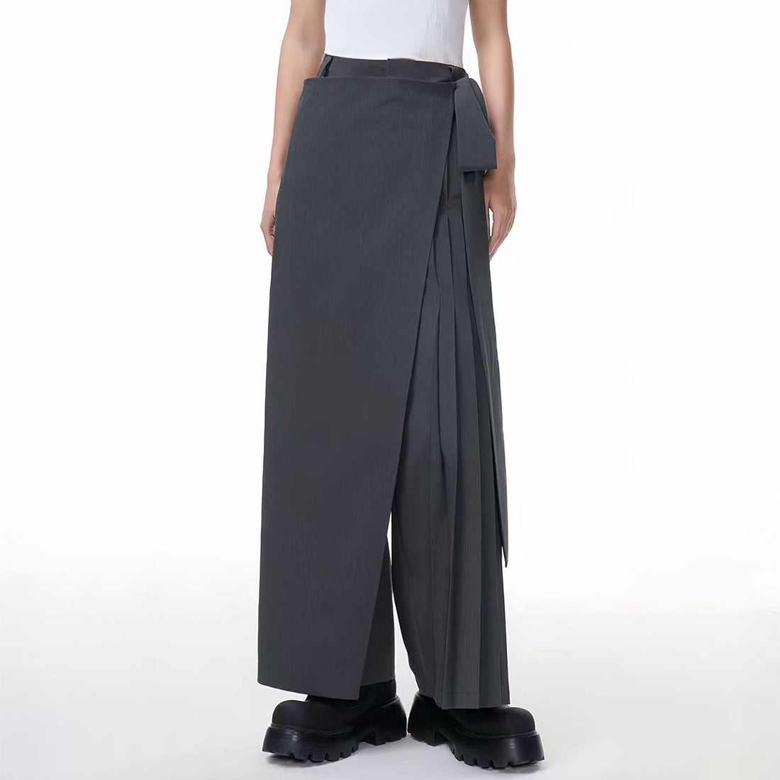 TUIMU Asymmetrical Wrap Pleated Wide-Leg Trousers-Pants-S-Black-Free Shipping Leatheretro