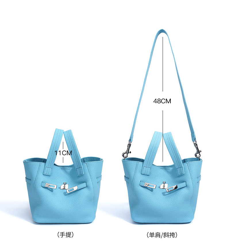Top-Grain Leather Handbag – Stylish Basket Shoulder Bag with Lock Closure-Milkshake powder-Free Shipping Leatheretro