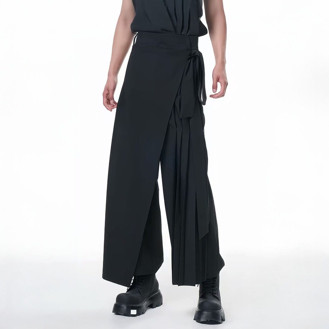 TUIMU Asymmetrical Wrap Pleated Wide-Leg Trousers-Pants-S-Black-Free Shipping Leatheretro