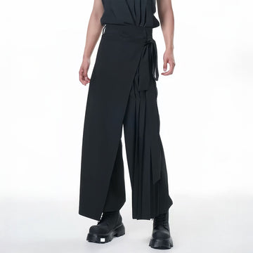 TUIMU Asymmetrical Wrap Pleated Wide-Leg Trousers-Pants-S-Black-Free Shipping Leatheretro