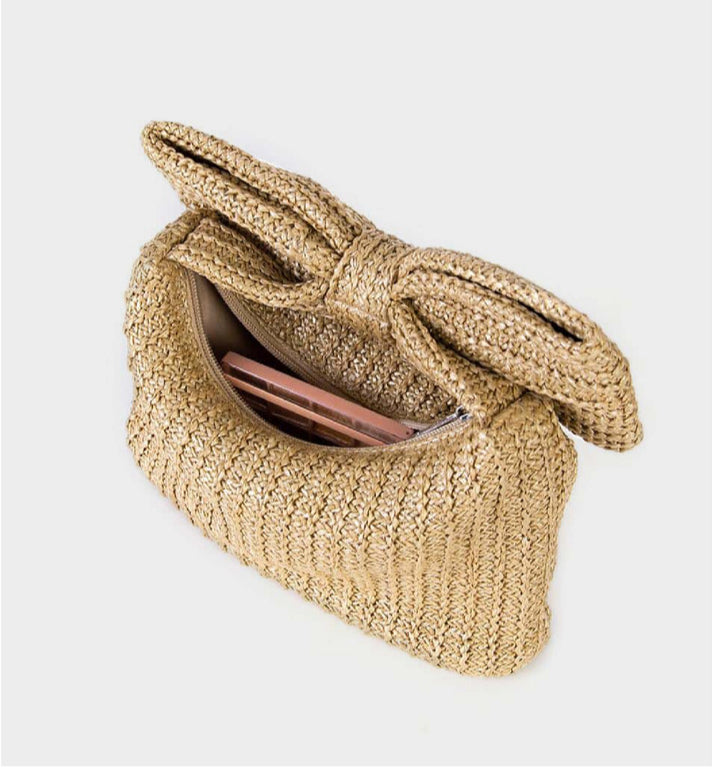 Bowknot Straw Handbag – Crossbody Boho Chic Purse for Women-khaki-24x6.5x14CM-Free Shipping Leatheretro