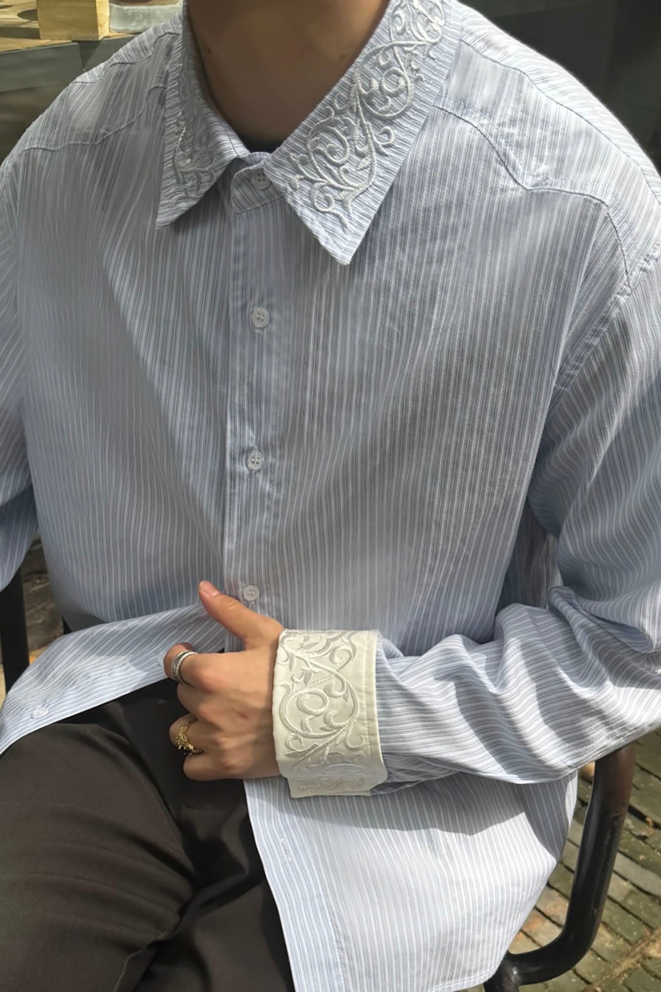CATSSTAC Vine Embroidered Striped Shirt-T Shirt-S-Free Shipping Leatheretro