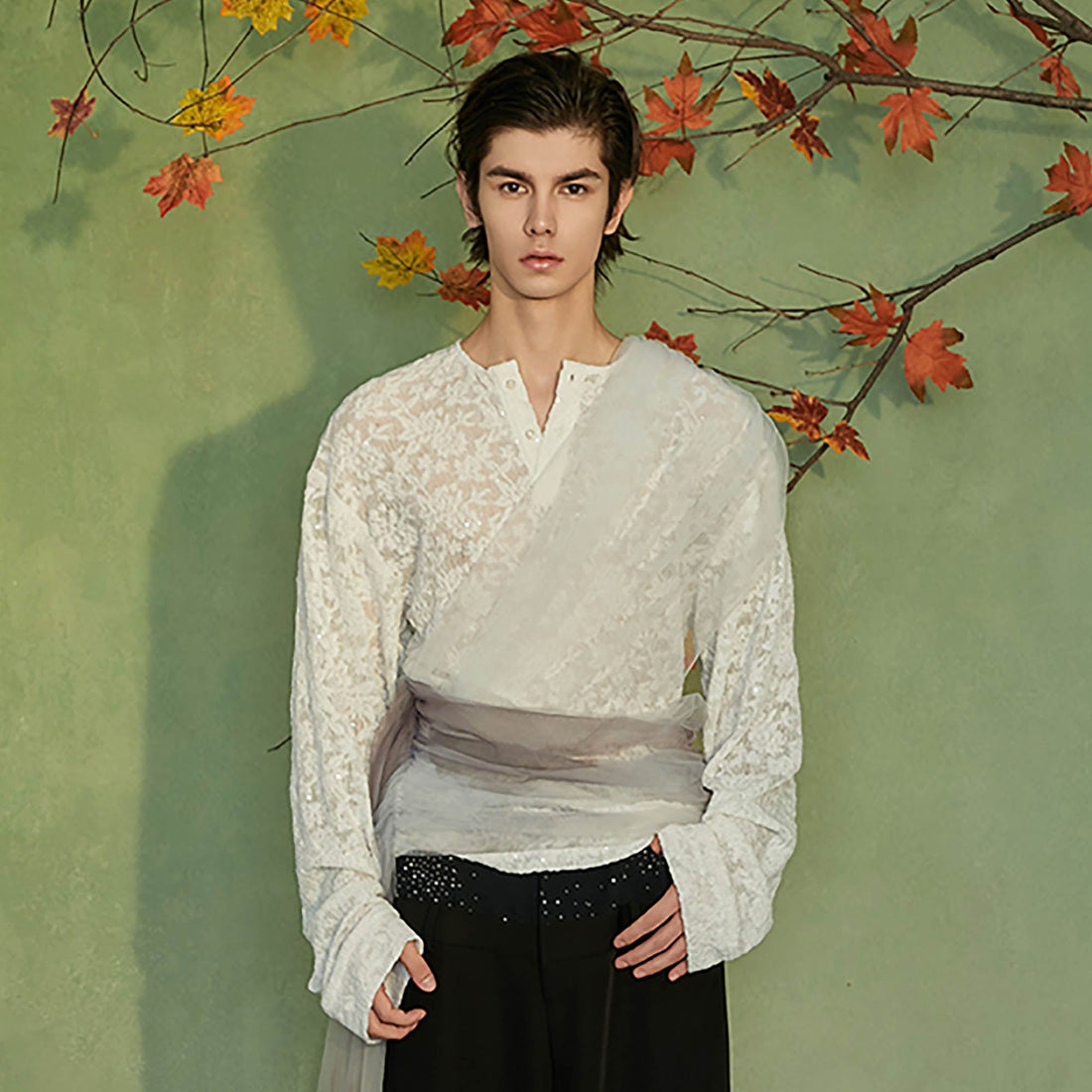 JIECHI Layered Sheer Wrap Lace Henley Shirt-L/S Tee-M-Free Shipping Leatheretro