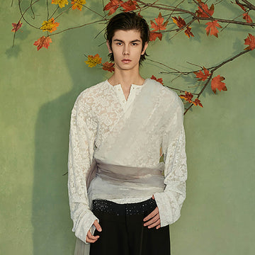 JIECHI Layered Sheer Wrap Lace Henley Shirt-L/S Tee-M-Free Shipping Leatheretro