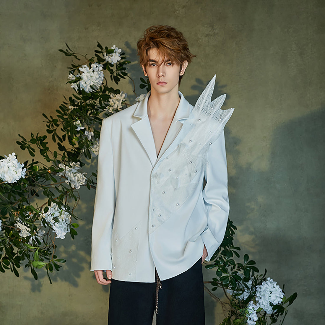 JIECHI Pearl-Embellished Sheer Feather Blazer-Jacket-M (Preorder)-Free Shipping Leatheretro