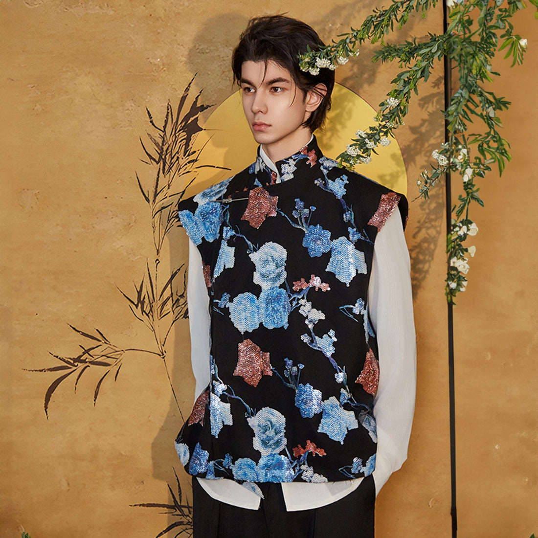 JIECHI Sequin Floral Embroidered Mandarin Collar Vest-Vest-M-Free Shipping Leatheretro